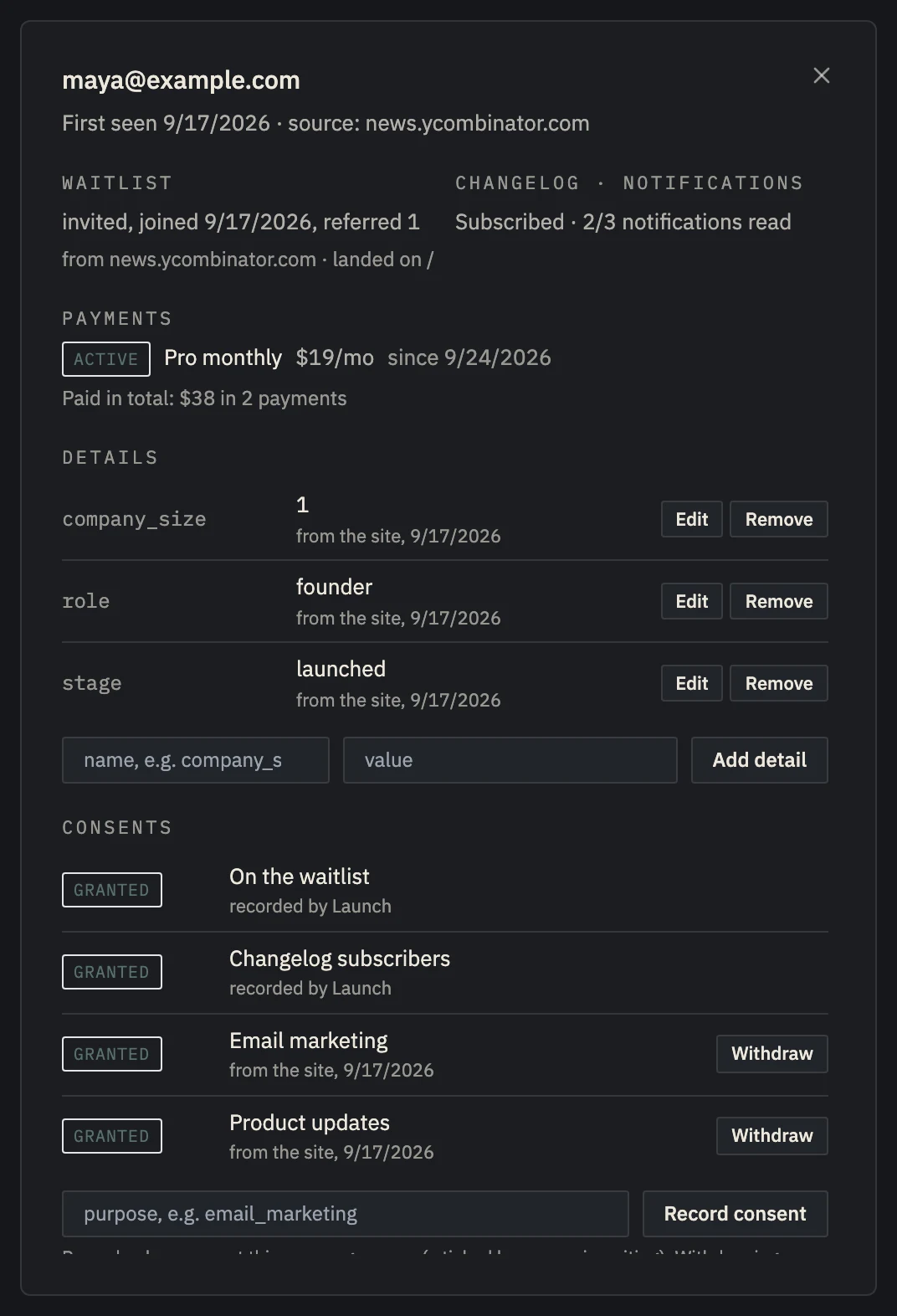 The Nordva Launch dashboard, with example data.