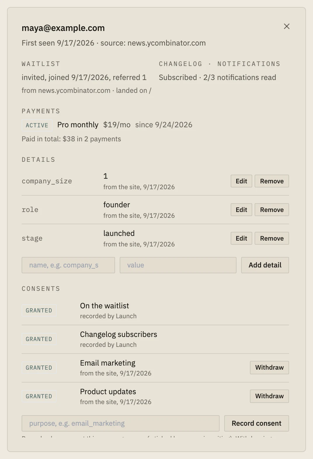 The Nordva Launch dashboard, with example data.